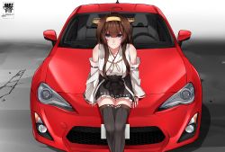 Rule 34 | 1girl, absurdres, ahoge, artist name, bare shoulders, black skirt, boots, breasts, brown hair, car, commentary request, detached sleeves, feet out of frame, from above, headgear, hibiki (zerocodo), highres, kantai collection, kongou (kancolle), kongou kai ni (kancolle), large breasts, long hair, looking at viewer, motor vehicle, nontraditional miko, pleated skirt, purple eyes, sitting, skirt, smile, solo, thigh boots, thighhighs, toyota, toyota 86, vehicle focus