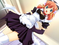 Rule 34 | 1girl, akizuki komari, apron, aqua eyes, black dress, black gloves, blush, bow, bowtie, breasts, cleavage, curtains, dress, emupii maid promotion master, flower, from below, game cg, gloves, hair flower, hair ornament, hair ribbon, hands on own hips, indoors, looking at viewer, maid, maid apron, maid headdress, medium breasts, open mouth, puffy sleeves, red bow, red bowtie, red hair, ribbon, short hair, short sleeves, solo, standing, tamahiyo, thighhighs, white apron, white thighhighs, yellow ribbon