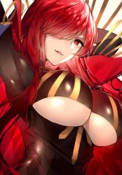 Rule 34 | 1girl, arm up, black bodysuit, bodysuit, breasts, cape, clothing cutout, fate/grand order, fate (series), grin, hair over one eye, large breasts, licking lips, long hair, looking at viewer, oda nobunaga, oda nobunaga (fate), oda nobunaga (koha-ace), oda nobunaga (maou avenger) (fate), parted lips, red eyes, red hair, skindentation, smile, solo, sora 72-iro, tongue, tongue out, underboob, underboob cutout, upper body, very long hair