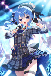 Rule 34 | 1girl, fingerless gloves, gloves, grey hat, hat, hololive, hoshimachi suisei, looking at viewer, mauve, medium hair, microphone, open mouth, smile, solo, standing, virtual youtuber