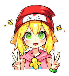Rule 34 | 1girl, absurdres, amitie (puyopuyo), blonde hair, blush, bracelet, collarbone, double v, green eyes, highres, jewelry, looking at viewer, offbeat, open mouth, puyopuyo, red headwear, short hair, smile, solo, upper body, v