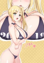 Rule 34 | 1girl, 2018, absurdres, akatsuki ikki, bikini, black bikini, black choker, blonde hair, blue eyes, blush, breast hold, breast lift, breasts, choker, clenched teeth, close-up, clothes writing, crossed arms, from side, hands on own chest, highres, huge filesize, large breasts, long hair, looking at viewer, multiple views, navel, o-ring, o-ring top, open mouth, original, puckered lips, side ponytail, strap gap, swimsuit, teeth