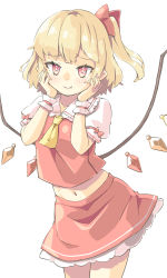 Rule 34 | 1girl, arnest, ascot, blonde hair, blush, cowboy shot, crystal, flandre scarlet, frills, hands on own cheeks, hands on own face, highres, looking at viewer, miniskirt, navel, no headwear, no headwear, one side up, pink eyes, puffy short sleeves, puffy sleeves, red ribbon, red skirt, red vest, ribbon, shirt, short sleeves, skirt, skirt set, solo, touhou, vest, white shirt, wings, wrist cuffs