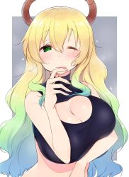 Rule 34 | 10s, 1girl, bare shoulders, blonde hair, blush, border, breasts, center opening, cleavage, cleavage cutout, closed mouth, clothing cutout, dragon horns, gradient hair, green eyes, green hair, grey background, hair between eyes, half-closed eye, heart, horns, huge breasts, kobayashi-san chi no maidragon, licking, licking finger, long hair, looking at viewer, lucoa (maidragon), multicolored hair, nekoume, one eye closed, sidelocks, simple background, solo, tongue, tongue out, upper body, wavy hair, white border