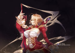 Rule 34 | absurdres, ahoge, black background, blonde hair, braid, breasts, dress, fate/extra, fate/extra ccc, fate/grand order, fate (series), hair ribbon, highres, holding, holding sword, holding weapon, jia redian ruzi ruzi, looking to the side, nero claudius (fate), nero claudius (fate) (all), nero claudius (fate/extra), red dress, ribbon, short hair, solo, sword, uniform, upper body, weapon