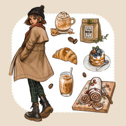 1girl beanie black_boots black_hat blueberry blush boots border brown_border brown_coat brown_hair cake chocolate coat coffee coffee_beans commentary cranberry croissant cup cutting_board drinking_glass drinking_straw food food_focus from_behind fruit full_body green_pants hands_in_pockets hat heel_up herb iced_coffee ivyalive knife looking_back medium_hair mint mug original outside_border pants plaid_clothes plaid_pants plaid_scarf plate pom_pom_(clothes) pom_pom_beanie red_scarf rounded_corners scarf socks solo spoon standing still_life symbol-only_commentary teacup tongue tongue_out walnut whipped_cream white_background yellow_socks yule_log_(cake)