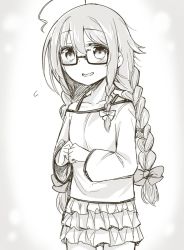 Rule 34 | 1girl, blush, bow, braid, breasts, character request, gagaga, glasses, greyscale, hair bow, layered skirt, long hair, long sleeves, looking at viewer, monochrome, open mouth, shirt, simple background, skirt, small breasts, smile, solo, twin braids, white background