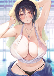 Rule 34 | 1girl, armpits, black hair, black panties, blurry, blurry background, blush, breasts, cleavage, collarbone, commentary request, dog tags, duplicate, hair between eyes, highres, himamo, huge breasts, jewelry, looking at viewer, navel, necklace, no bra, open mouth, original, panties, pixel-perfect duplicate, red eyes, see-through, short hair, solo, tank top, thigh gap, towel, towel on head, underwear, wet, wet clothes, wet hair, white tank top