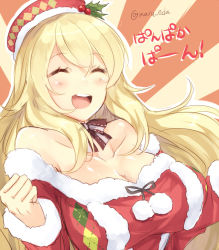 Rule 34 | 10s, 1girl, :d, ^ ^, alternate costume, argyle, atago (kancolle), bare shoulders, blonde hair, blush, bow, breasts, cleavage, closed eyes, collarbone, fur trim, hat, huge breasts, kantai collection, long hair, maruki (punchiki), off shoulder, one-hour drawing challenge, open mouth, pan-pa-ka-paaan!, santa costume, smile, solo, sunburst, twitter username, upper body