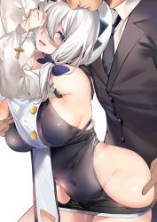 Rule 34 | 1boy, 1girl, arms up, ass grab, blue eyes, blush, grabbing another&#039;s breast, breasts, cleric, clothes, collar, grabbing, grabbing from behind, highres, huge breasts, looking at viewer, marushin (denwa0214), medium hair, nipples, nun, open mouth, original, simple background, smile, smoking, tongue, white background