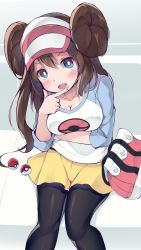 Rule 34 | 1girl, bag, black pantyhose, blue eyes, blush, bra strap, breast hold, breasts, brown hair, cleavage, collarbone, creatures (company), double bun, futatsukiaiji, game freak, hair bun, hand on own chin, highres, looking at viewer, low twintails, medium breasts, messenger bag, nintendo, open mouth, pantyhose, poke ball, pokemon, pokemon bw2, pokemon masters ex, rosa (pokemon), shorts, shoulder bag, smile, solo, stroking own chin, twintails