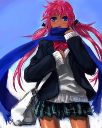 bad_id bad_pixiv_id beni-syoga blue_eyes dark-skinned_female dark_skin long_hair original pink_hair scarf school_uniform serafuku solo twintails