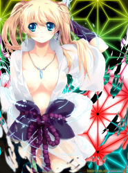 Rule 34 | 1girl, arm up, belt, blonde hair, blue eyes, bow, bowtie, breasts, breasts apart, closed mouth, collarbone, cosplay, determined, deviantart username, earrings, facing viewer, genderswap, genderswap (mtf), gloves, hand up, high collar, jewelry, kaze-hime, large breasts, long hair, looking to the side, naruko (naruto), naruto, naruto (series), naruto shippuuden, necklace, no bra, open clothes, open shirt, rope belt, see-through, serious, sexy no jutsu, shirt, solo, standing, twintails, uchiha sasuke, uchiha sasuke (cosplay), uzumaki naruto, wide sleeves