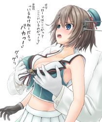 Rule 34 | 10s, 1boy, 1girl, admiral (kancolle), armpits, bare shoulders, black gloves, blue eyes, blush, breasts, brown hair, covered erect nipples, embarrassed, formal, gloves, grabbing, grabbing another&#039;s breast, grabbing from behind, hair between eyes, hair ornament, hairclip, hat, headgear, hetero, highres, kantai collection, large breasts, maya (kancolle), midriff, navel, nipple stimulation, nipple tweak, open mouth, programman, remodel (kantai collection), ribbon, short hair, simple background, skirt, striped, suit, translation request