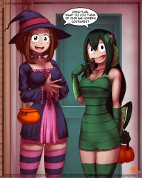Rule 34 | 2girls, :d, artist name, asui tsuyu, basket, black eyes, black hair, blush stickers, boku no hero academia, breasts, brown eyes, brown hair, choker, cleavage, costume, dress, elbow gloves, english text, finger to mouth, fins, flower, gloves, green dress, green gloves, green legwear, hair flower, hair ornament, halloween, halloween bucket, hat, highres, holding, holding basket, horny graphite, indoors, long hair, looking at viewer, multiple girls, open mouth, own hands together, pumpkin, purple dress, purple headwear, sidelocks, smile, speech bubble, standing, striped legwear, thighhighs, uraraka ochako, witch hat