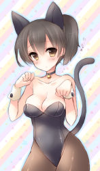 Rule 34 | 10s, 1girl, alternate costume, animal ears, bell, breasts, brown eyes, brown hair, cat ears, cat tail, choker, cleavage, collar, jingle bell, kaga (kancolle), kantai collection, kemonomimi mode, kittysuit, leotard, neck bell, nontraditional playboy bunny, pantyhose, personification, playboy bunny, pocopoco, ponytail, short hair, sketch, solo, tail
