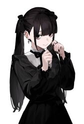 Rule 34 | 1girl, bags under eyes, batiao zhai, black bow, black dress, black eyes, black hair, black nails, blunt bangs, bow, bowtie, dress, eyelashes, fanged bangs, hair bow, highres, jewelry, long hair, long sleeves, looking at viewer, original, pale skin, playing with own hair, portrait, ribbon, sanpaku, simple background, smile, solo, tsurime, twintails, white background