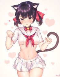 Rule 34 | 1girl, absurdres, animal ear fluff, animal ears, bad id, bad pixiv id, bell, black hair, breasts, cat ears, cat girl, cat tail, choker, clenched hands, commentary request, cowboy shot, crop top, facial mark, hair ribbon, heart, heart background, highres, looking at viewer, medium breasts, midriff, miniskirt, naingnaing, navel, neck bell, neckerchief, original, parted lips, paw pose, pleated skirt, red neckerchief, red ribbon, ribbon, sailor collar, school uniform, serafuku, shirt, short hair, short sleeves, skirt, solo, standing, stomach, tail, thighs, twintails, whisker markings, white sailor collar, white shirt, white skirt, yellow eyes
