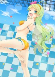 Rule 34 | 1girl, ahoge, anklet, aqua eyes, aqua ribbon, bare back, bikini, blue sky, breasts, checkered wall, cloud, commentary request, confetti, day, floral print, flower, foot out of frame, from side, green hair, hair flower, hair ornament, hairband, hand on own shoulder, hibiscus, idolmaster, idolmaster million live!, jewelry, leg up, long hair, looking at viewer, one eye closed, open mouth, outdoors, pink flower, ribbon, shimabara elena, sky, small breasts, smile, solo, stage, sun, sunlight, swimsuit, teeth, upper teeth only, wavy hair, witoi (roa), yellow bikini, yellow hairband