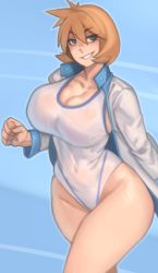 Rule 34 | 1girl, abs, absurdres, breasts, competition swimsuit, cowboy shot, creatures (company), curvy, game freak, green eyes, highres, huge breasts, jacket, kelvin hiu, large breasts, legs, misty (pokemon), muscular, navel, nintendo, one-piece swimsuit, open clothes, open jacket, orange hair, pokemon, pokemon hgss, simple background, smile, solo, standing, swimsuit, thick thighs, thighs, white one-piece swimsuit, wide hips