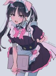 Rule 34 | 1girl, :d, akiba maid sensou, animal ears, apron, arm behind back, black hair, blush, bow, bowtie, fake animal ears, fang, highres, holding, looking at viewer, maid, maid headdress, medium hair, ookamirr, open mouth, pig ears, pink bow, pink bowtie, pink eyes, simple background, smile, solo, twintails, twitter username, yumechi (akiba maid sensou)