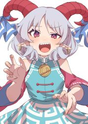Rule 34 | 1girl, absurdres, blue dress, blue ribbon, blush, commentary request, dress, e sdss, earrings, fingernails, grey hair, half-closed eye, highres, horn ornament, horn ribbon, horns, jewelry, open mouth, pink eyes, pointy ears, red horns, red sleeves, ribbon, sharp fingernails, sharp teeth, sheep horns, short hair, solo, teeth, touhou, toutetsu yuuma, upper body