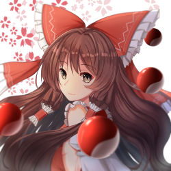 Rule 34 | 1girl, absurdres, bare shoulders, bow, brown eyes, brown hair, chinese commentary, commentary request, detached sleeves, floral background, frilled bow, frills, hair bow, hair intakes, hair tubes, hakurei reimu, highres, long hair, long sleeves, looking at viewer, orb, red bow, sidelocks, smile, solo, touhou, upper body, white background, wide sleeves, yin yang, yin yang orb, ziranyuan
