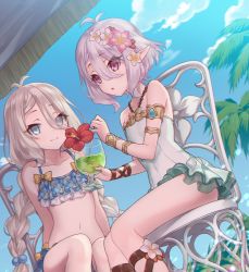 Rule 34 | 2girls, alternate universe, antenna hair, bikini, blue eyes, braid, breasts, cup, drinking straw, dutch angle, elf, flat chest, flower, frilled bikini, frills, grey eyes, hair between eyes, hair flower, hair ornament, holding, holding cup, kokkoro (princess connect!), kokkoro (real) (princess connect!), long hair, looking at viewer, masami (souzou jinsei sanka), multiple girls, navel, one-piece swimsuit, pointy ears, princess connect!, purple eyes, short hair, sitting, sky, small breasts, swimsuit, twin braids, twintails, white hair