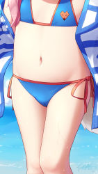Rule 34 | 1girl, bikini, blue bikini, blue sky, cameltoe, cloud, cloudy sky, day, fate/grand order, fate (series), flat chest, head out of frame, highres, horizon, langbazi, letterboxed, long hair, lower body, navel, ocean, outdoors, pink hair, revision, side-tie bikini bottom, skindentation, sky, solo, standing, stomach, swimsuit, tamamo (fate), tamamo no mae (fate/extra), tamamo no mae (swimsuit lancer) (fate), water, aged down
