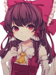Rule 34 | 1girl, adapted costume, ascot, bare shoulders, blurry, bow, brown hair, closed mouth, commentary request, depth of field, detached sleeves, frilled bow, frilled hair tubes, frilled shirt collar, frills, hair bow, hair tubes, hakurei reimu, hand up, hands up, highres, joou heika (precare deum), light blush, light smile, long hair, long sleeves, looking at viewer, red bow, red eyes, red vest, solo, touhou, upper body, vest, yellow ascot