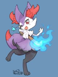 Rule 34 | 1girl, alternate color, animal ear fluff, animal ears, animal hands, animal nose, artist name, blue background, blue fire, blush, braixen, collaboration, colorized, creatures (company), dated, fang, female focus, fire, fox ears, fox tail, full body, furry, furry female, game freak, gen 6 pokemon, hand up, happy, highres, holding, jpeg artifacts, leg up, light blush, looking at viewer, mizuki kotora, nintendo, one eye closed, open mouth, outstretched arm, pokemon, pokemon (creature), red eyes, shiny pokemon, signature, simple background, skin fang, smile, snout, solo, standing, standing on one leg, star (symbol), stary neko, stick, tail, wink