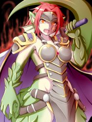 Rule 34 | 1girl, armor, cowboy shot, dragon girl, female focus, granberia, highres, holding, holding sword, holding weapon, looking at viewer, mon-musu quest!, monster girl, open mouth, orange eyes, raichi (ddq0246), red hair, short hair, solo, standing, sword, tattoo, weapon