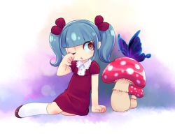 Rule 34 | 1girl, arm support, blue hair, blunt bangs, brown eyes, bug, butterfly, chibi, collared shirt, commentary request, dress, insect, looking away, looking to the side, mushroom, one eye closed, ouhashi (yumenosukima), parted lips, red dress, shirt, shoes, sitting, socks, solo, twintails, white socks, wiping face