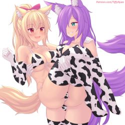 Rule 34 | 2girls, :d, animal ear fluff, animal ears, animal print, ass, asymmetrical docking, bikini, blonde hair, breast press, breasts, carrying, cleavage, collarbone, commentary, cow print, cow print bikini, cowboy shot, elbow gloves, eye contact, fang, front-tie bikini top, front-tie top, gloves, grin, hair over one eye, hand on another&#039;s shoulder, highres, kurona reole, large breasts, long hair, looking at another, multicolored bikini, multicolored clothes, multicolored gloves, multiple girls, nottytiffy, open mouth, original, patreon username, ponytail, princess carry, print bikini, purple hair, red eyes, slit pupils, smile, swimsuit, teeth, thighhighs, thighs, tiffy (nottytiffy), watermark, web address, yuri