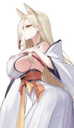 Rule 34 | 122 (misun), 1girl, absurdres, animal ears, blonde hair, blue archive, breasts, closed mouth, commentary request, detached sleeves, hairband, highres, japanese clothes, kaho (blue archive), kimono, large breasts, long hair, looking at viewer, obi, orange hairband, sash, sideboob, simple background, solo, white background, white kimono, white sleeves, wide sleeves, yellow eyes
