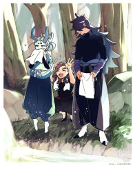 Rule 34 | 3boys, brown hair, dated, closed eyes, fengxi (the legend of luoxiaohei), grass, hands up, highres, horns, long hair, luozhu (the legend of luoxiaohei), multiple boys, open mouth, rock, smile, standing, luo xiaohei zhanji, tree, twitter username, vox, water, wide shot, xuhuai (the legend of luoxiaohei)