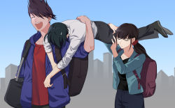 Rule 34 | 1girl, 2boys, absurdres, ahoge, backpack, bag, black bag, black hair, black pants, black shirt, blue jacket, carrying, carrying over shoulder, closed eyes, closed mouth, collarbone, commentary request, danganronpa (series), danganronpa v3: killing harmony, dangyu (danganpa), day, facial hair, goatee, hand up, harukawa maki, highres, holding, jacket, long sleeves, mole, mole under eye, momota kaito, multiple boys, open clothes, open jacket, outdoors, pants, ponytail, red bag, red scrunchie, red shirt, saihara shuichi, scrunchie, shirt, shirt tucked in, short hair, sweat, teeth, upper teeth only, white shirt