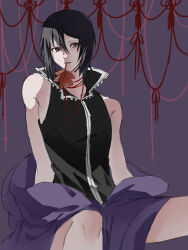 Rule 34 | 1other, androgynous, autumn leaves, bare arms, black eyes, black hair, black shirt, collared shirt, commentary request, feet out of frame, frown, high collar, highres, holding, holding leaf, hood, hooded jacket, jacket, jacket partially removed, leaf, len&#039;en, looking at viewer, mouth hold, no headwear, other focus, parted lips, purple background, purple jacket, red ribbon, ribbon, shirt, shitodo kuroji, short hair, sitting, sleeveless, sleeveless shirt, solo, yoni., zipper, zipper pull tab