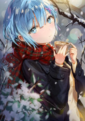 Rule 34 | 1girl, absurdres, black jacket, blue bow, blue eyes, blue hair, blunt bangs, blurry, blurry foreground, blush, bow, branch, closed mouth, coffee, coffee mug, cup, from side, green shirt, hair between eyes, hair bow, hair ornament, hair strand, hairclip, hands up, heom, highres, holding, holding cup, jacket, long sleeves, looking at viewer, looking to the side, messy hair, mug, open clothes, open jacket, plaid, plaid scarf, re:zero kara hajimeru isekai seikatsu, red scarf, rem (re:zero), scarf, shirt, short hair, sidelocks, smile, snow, solo, standing, tree, upper body, x hair ornament