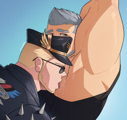 Rule 34 | 2boys, absurdres, armpits, artist name, bandaid, bandaid on face, bandaid on nose, bara, beard, blonde hair, close-up, drooling, face in armpit, facial hair, grey eyes, grey hair, gyee, hat, highres, jacket, male focus, manly, master (gyee), mature male, multiple boys, muscular, muscular male, saliva, saliva trail, santos (gyee), signature, spiked jacket, sunglasses, tank top, thick arms, thick eyebrows, tongue, tongue out, upper body, vvulfbara