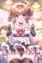 Rule 34 | 1boy, 1girl, black dress, black panties, black thighhighs, blue eyes, blush, bow, bow panties, breasts, brown hair, cameltoe, cellphone, cleavage, cleft of venus, clothes lift, commentary request, curtains, dress, dress lift, flying sweatdrops, frilled dress, frilled thighhighs, frills, glasses, hair bow, hair ornament, hairclip, hands up, heart, heart hair ornament, heart hands, highres, holding, holding phone, indoors, juliet sleeves, kouta., large breasts, long sleeves, maid, maid headdress, one side up, opaque glasses, open mouth, original, panties, phone, puffy sleeves, red bow, solo focus, sweat, thighhighs, trembling, underwear, window, x hair ornament