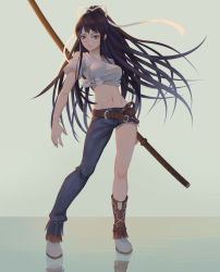 Rule 34 | 1girl, arm behind back, asymmetrical clothes, bad id, bad pixiv id, black hair, breasts, full body, green background, highres, kanzaki kaori, long hair, looking at viewer, midriff, navel, purple eyes, reflection, shirt, simple background, single pantsleg, standing, sword, taut clothes, taut shirt, tied shirt, toaru majutsu no index, weapon, zyl
