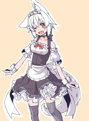 Rule 34 | 1girl, animal ears, apron, bare shoulders, black thighhighs, bow, collarbone, dress, fang, frilled apron, frilled dress, frills, highres, inubashiri momiji, kuro-ekaki, looking at viewer, maid, maid apron, maid headdress, one eye closed, open mouth, outline, red bow, short hair, short sleeves, skin fang, smile, solo, tail, thighhighs, touhou, waist apron, white apron, white outline, wolf ears, wolf girl, wolf tail, wrist cuffs, yellow background
