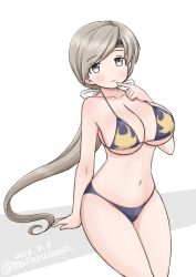 Rule 34 | 1girl, bikini, blue bikini, breasts, chitose (kancolle), collarbone, commentary request, cowboy shot, dated, finger to mouth, grey eyes, grey hair, headband, kantai collection, large breasts, long hair, looking at viewer, masara (chuujou), navel, one-hour drawing challenge, ponytail, simple background, solo, swimsuit, twitter username, white background