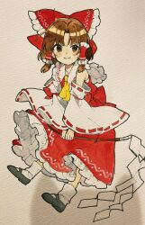 Rule 34 | 1girl, ascot, black footwear, blush, bow, brown eyes, brown hair, closed mouth, collarbone, cowlick, detached sleeves, dot nose, dress, frilled bow, frilled dress, frilled hair tubes, frills, full body, gohei, hair bow, hair ornament, hair tubes, hakurei reimu, highres, holding, holding gohei, jill 07km, long hair, looking at viewer, mary janes, own hands together, painting (medium), parted bangs, photo (medium), red bow, red dress, shoes, sidelocks, sleeveless, sleeveless dress, smile, socks, solo, split mouth, touhou, traditional media, watercolor (medium), white background, white socks, wide sleeves, yellow ascot