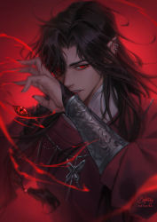 Rule 34 | 1boy, arm up, black hair, black nails, blood, bracer, character request, check character, commentary, english commentary, eyelashes, fingernails, gem, hair over one eye, highres, hua cheng, jewelry, lisa buijteweg, long hair, long sleeves, looking at viewer, male focus, nail polish, necklace, pointy ears, red eyes, ring, sharp fingernails, tianguan cifu, upper body, wind