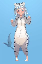 Rule 34 | 1girl, absurdres, animal hood, barefoot, blue background, blue eyes, blue hair, blunt bangs, blush, claw pose, feet, fins, fish tail, full body, gawr gura, highres, hololive, hololive english, hood, licking lips, lucasyecla99, multicolored hair, onesie, pajamas, shark tail, short hair, silver hair, simple background, smile, solo, standing, streaked hair, tail, toes, tongue, tongue out, v-shaped eyebrows, virtual youtuber, white tiger print