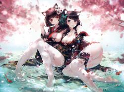Rule 34 | 2girls, animal ear fluff, animal ears, ass, azur lane, black hair, blue eyes, blunt bangs, blush, bob cut, breasts, cherry blossoms, chinese commentary, cleavage, commentary request, falling petals, fish, fusou (azur lane), in water, japanese clothes, kimono, koi, large breasts, medium hair, multiple girls, paw pose, petals, red eyes, short hair, siblings, sideboob, sisters, sitting, tearing up, thighhighs, torn clothes, torn legwear, water, white legwear, xing, yamashiro (azur lane)