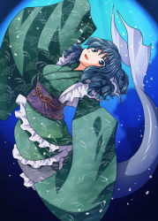 Rule 34 | 1girl, blue eyes, blue hair, fins, floral print, fue (fuef), head fins, japanese clothes, kimono, long sleeves, looking at viewer, matching hair/eyes, mermaid, monster girl, obi, open mouth, sash, smile, solo, touhou, underwater, wakasagihime, wide sleeves