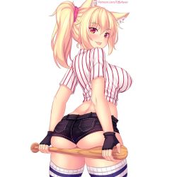 Rule 34 | 1girl, animal ear fluff, animal ears, ass, ass support, baseball bat, blonde hair, breasts, cat ears, commentary, denim, denim shorts, english commentary, fingerless gloves, gloves, highres, huge ass, large breasts, long hair, looking at viewer, micro shorts, nottytiffy, original, patreon username, ponytail, red eyes, scrunchie, shirt, short shorts, short sleeves, shorts, simple background, slit pupils, smile, solo, striped clothes, striped shirt, striped thighhighs, thighhighs, tiffy (nottytiffy), tongue, tongue out, vertical-striped clothes, vertical-striped shirt